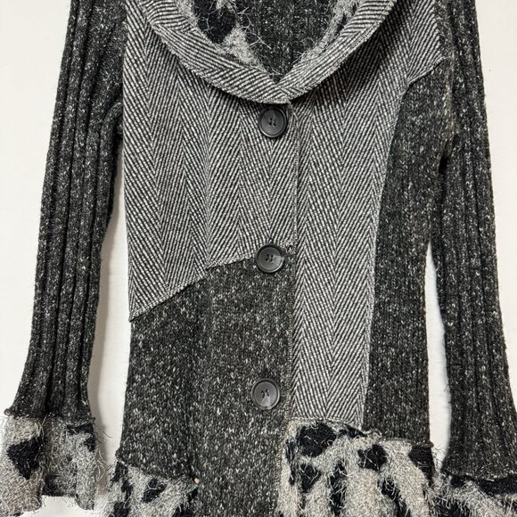 Sioni Patchwork Cardigan Button Front Gray Animal Print Eyelash Knit Mob Wife - Picture 3 of 8